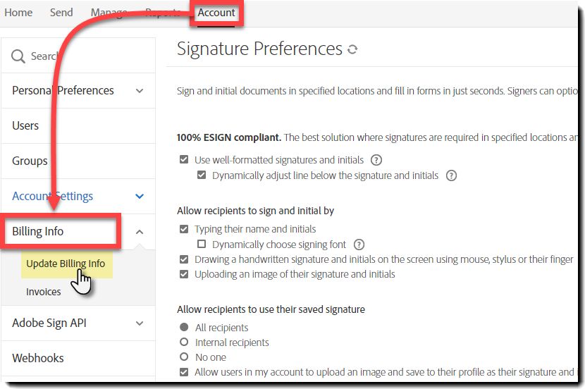 Navegue até a seção Informações de cobrança