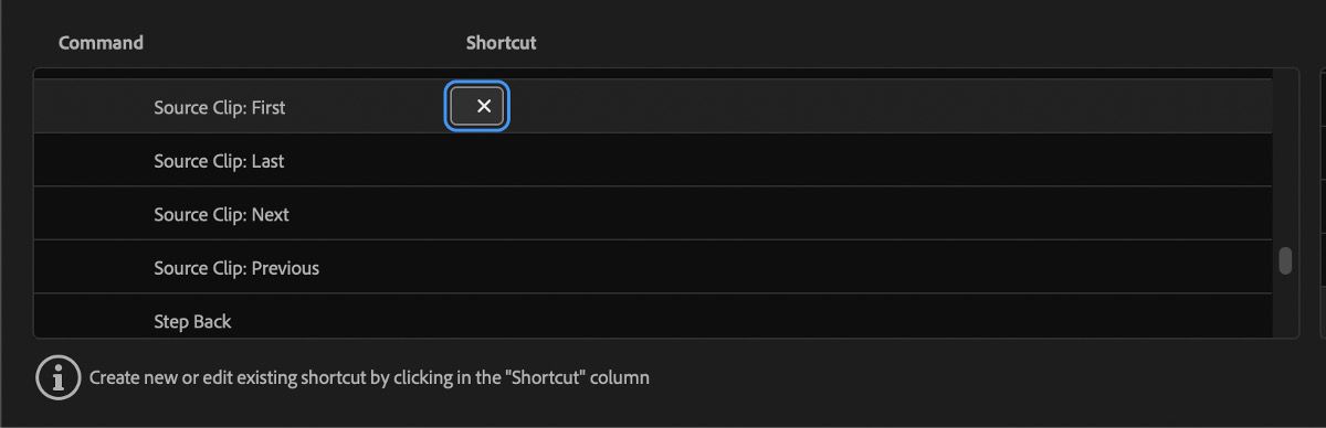 Nella finestra di dialogo Scorciatoie da tastiera, è selezionato il pannello Monitor sorgente.Sotto Comandi, sono elencate funzioni come Clip sorgente: Chiudi, Clip sorgente: Chiudi tutto e altre.