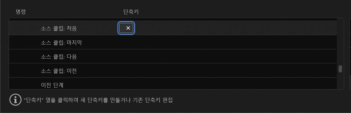 키보드 단축키 대화 상자에서 소스 모니터 패널이 선택되어 있습니다.명령 아래에 소스 클립: 닫기, 소스 클립: 모두 닫기 등의 기능이 나열되어 있습니다.