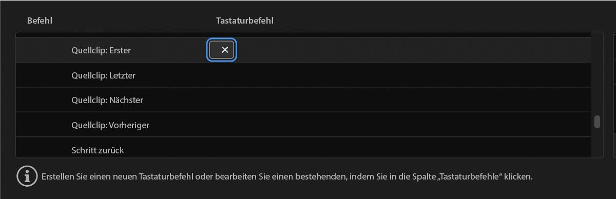 Im Dialogfeld „Tastaturbefehle“ ist das Bedienfeld „Quellmonitor“ ausgewählt.Unter „Befehle“ sind Funktionen wie „Quell-Clip: Schließen“, „Quell-Clip: Alle schließen“ und andere aufgelistet.