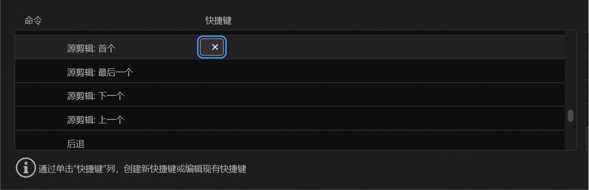 在键盘快捷键对话框中，选中源监视器面板。在命令列表下，列出了诸如“源剪辑：关闭”、“源剪辑：全部关闭”等功能。