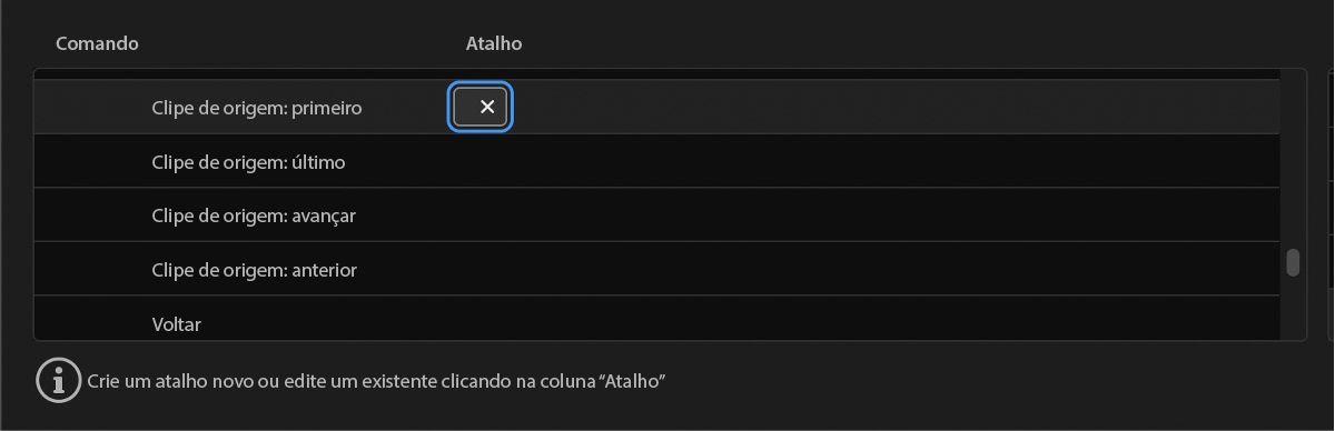 Na caixa de diálogo Atalhos de teclado, o painel Monitor de origem está selecionado.Em Comandos, funções como Clipe de origem: Fechar, Clipe de origem: Fechar todos e outras estão listadas.