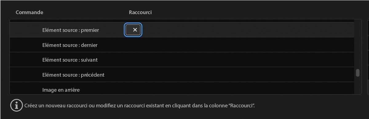 Dans la boîte de dialogue Raccourcis clavier, le panneau Moniteur source est sélectionné.Sous Commandes, des fonctions telles que Elément source : fermer, Elément source : tout fermer et d’autres encore sont répertoriées.