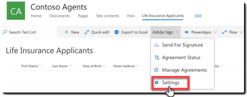 Adobe Sign の設定に移動