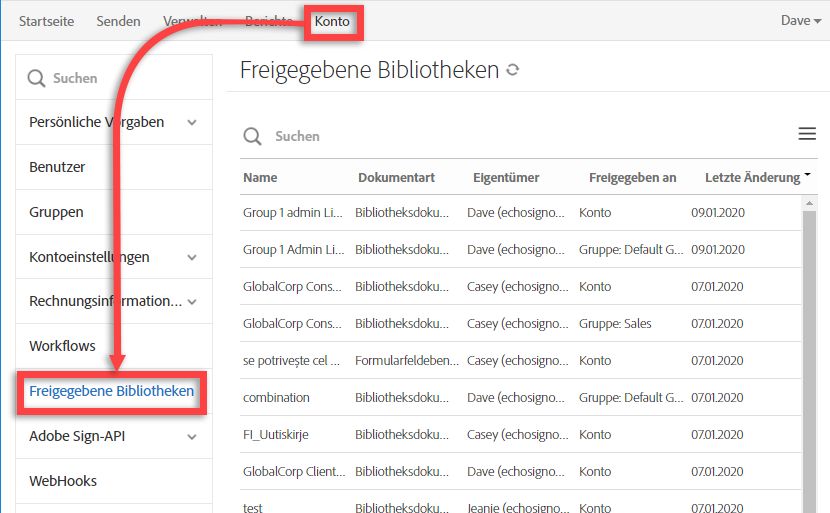 Navigiere zum Menüelement „Freigegebene Bibliotheken“