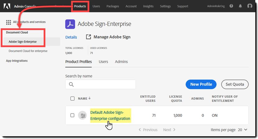 Переход на страницу продукта Adobe Sign