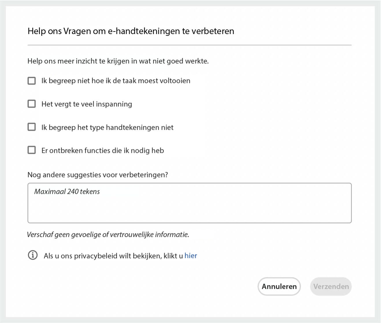 Feedback over wat niet goed werkte bij de ervaring met het aanvragen van handtekeningen