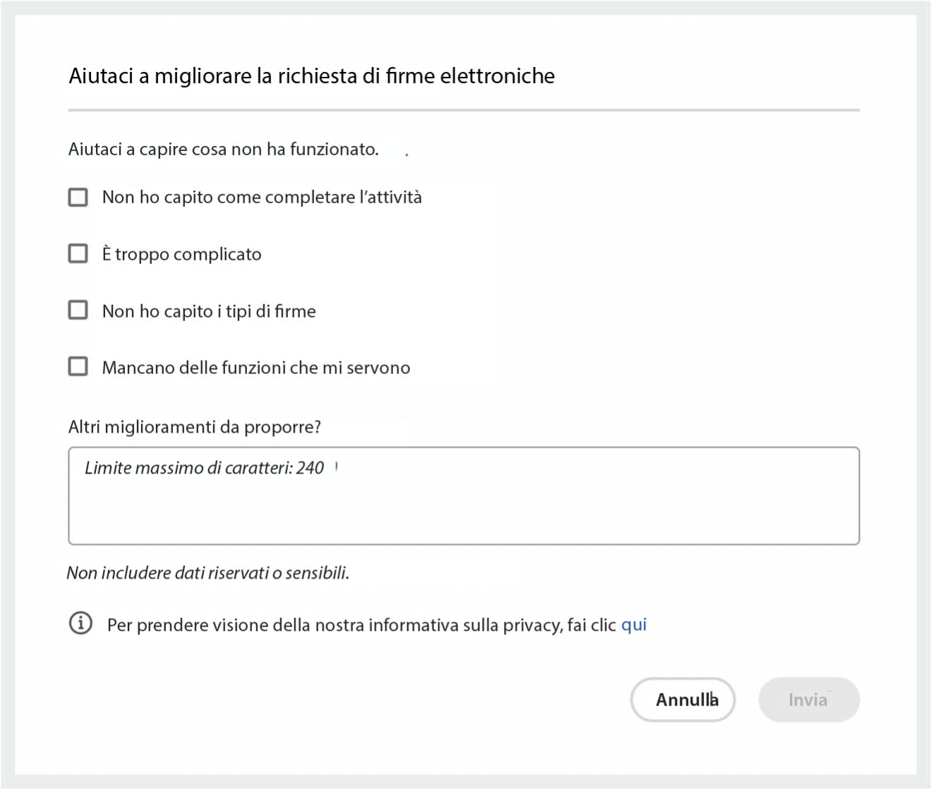 Feedback su cosa non ha funzionato bene nell’esperienza di richiesta di firme