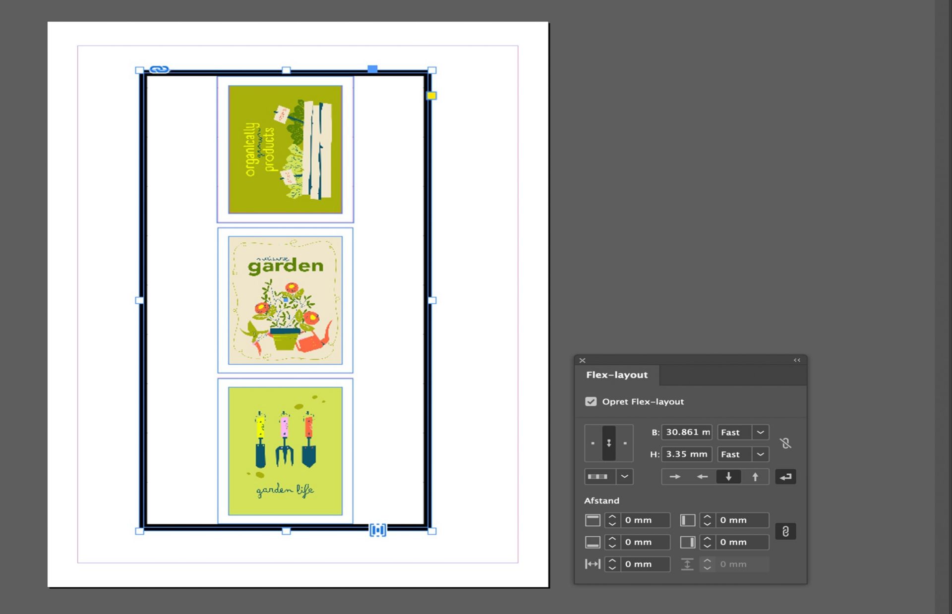 Stablede billedrammer i InDesign, der viser et vertikalt flex-layout med aktiverede justerings- og afstandsindstillinger.