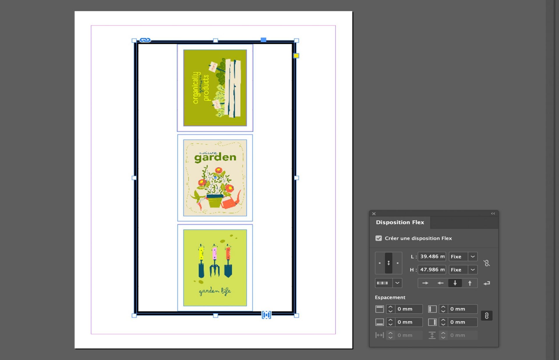 Cadres d’images empilés dans InDesign montrant une disposition Flex verticale avec options d’alignement et d’espacement activées.