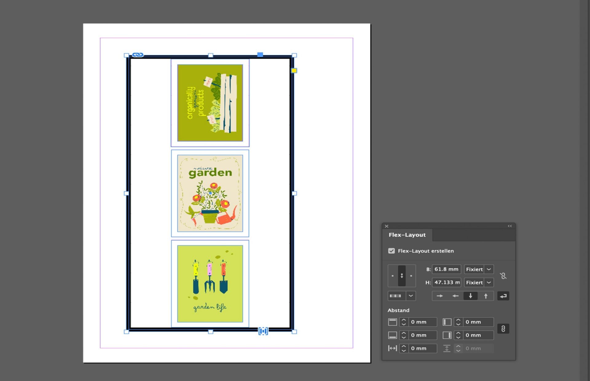 Gestapelte Bildrahmen in InDesign mit vertikalem Flex Layout mit aktivierten Ausrichtungs- und Abstandsoptionen.