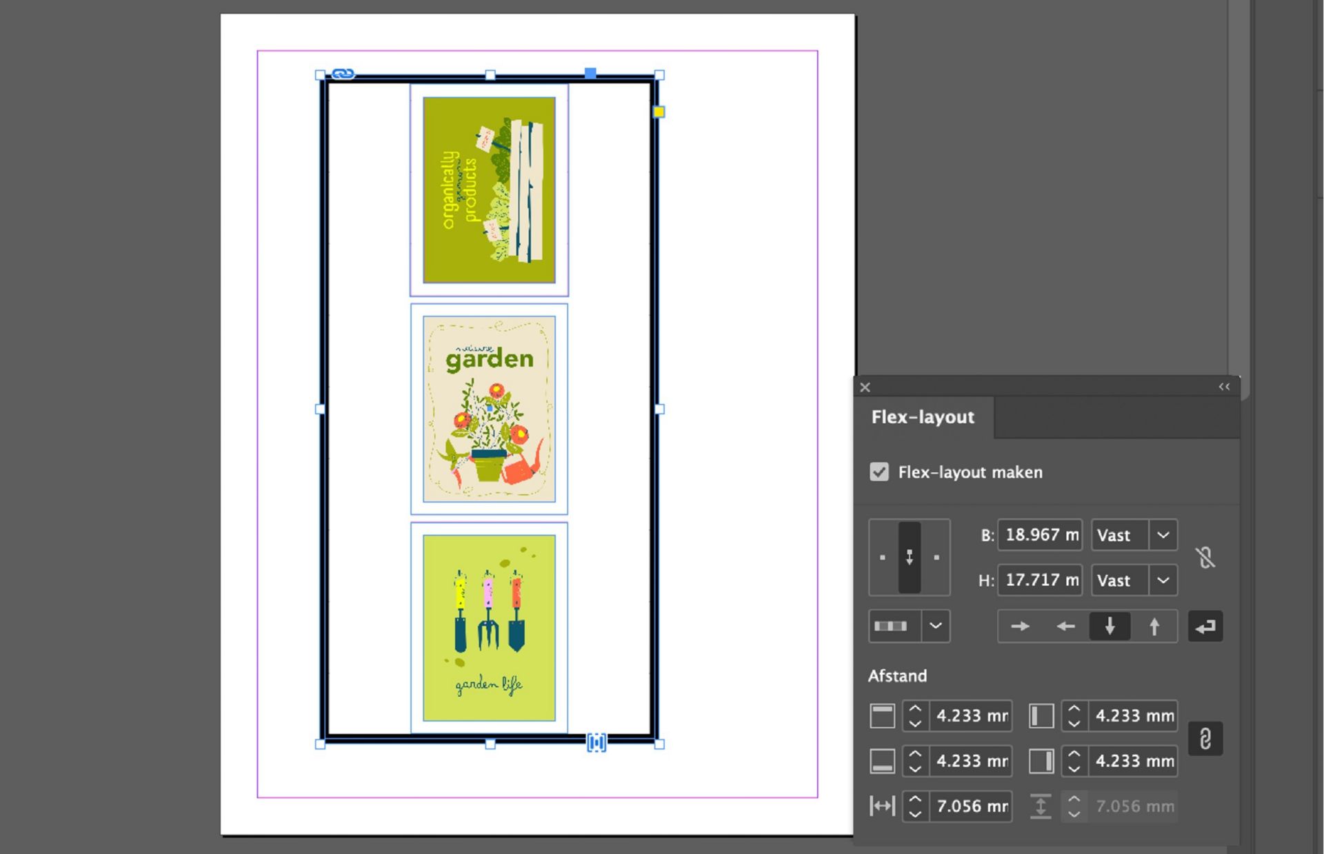 Gestapelde afbeeldingskaders in InDesign die een verticale Flex Layout tonen met ingeschakelde uitlijning en afstandsopties.