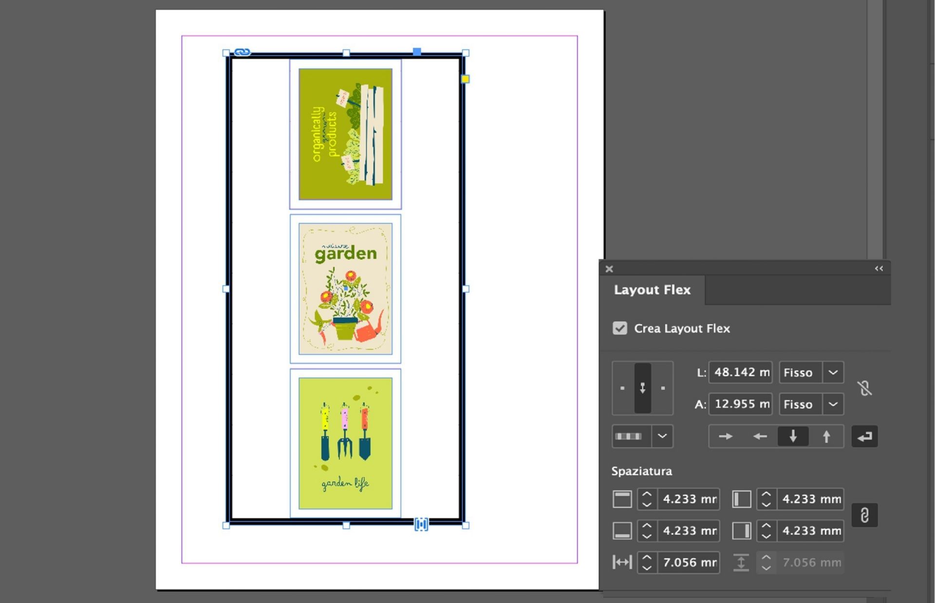 Cornici immagine sovrapposte in InDesign che mostrano un Layout Flex verticale con allineamento e opzioni di spaziatura attivate.