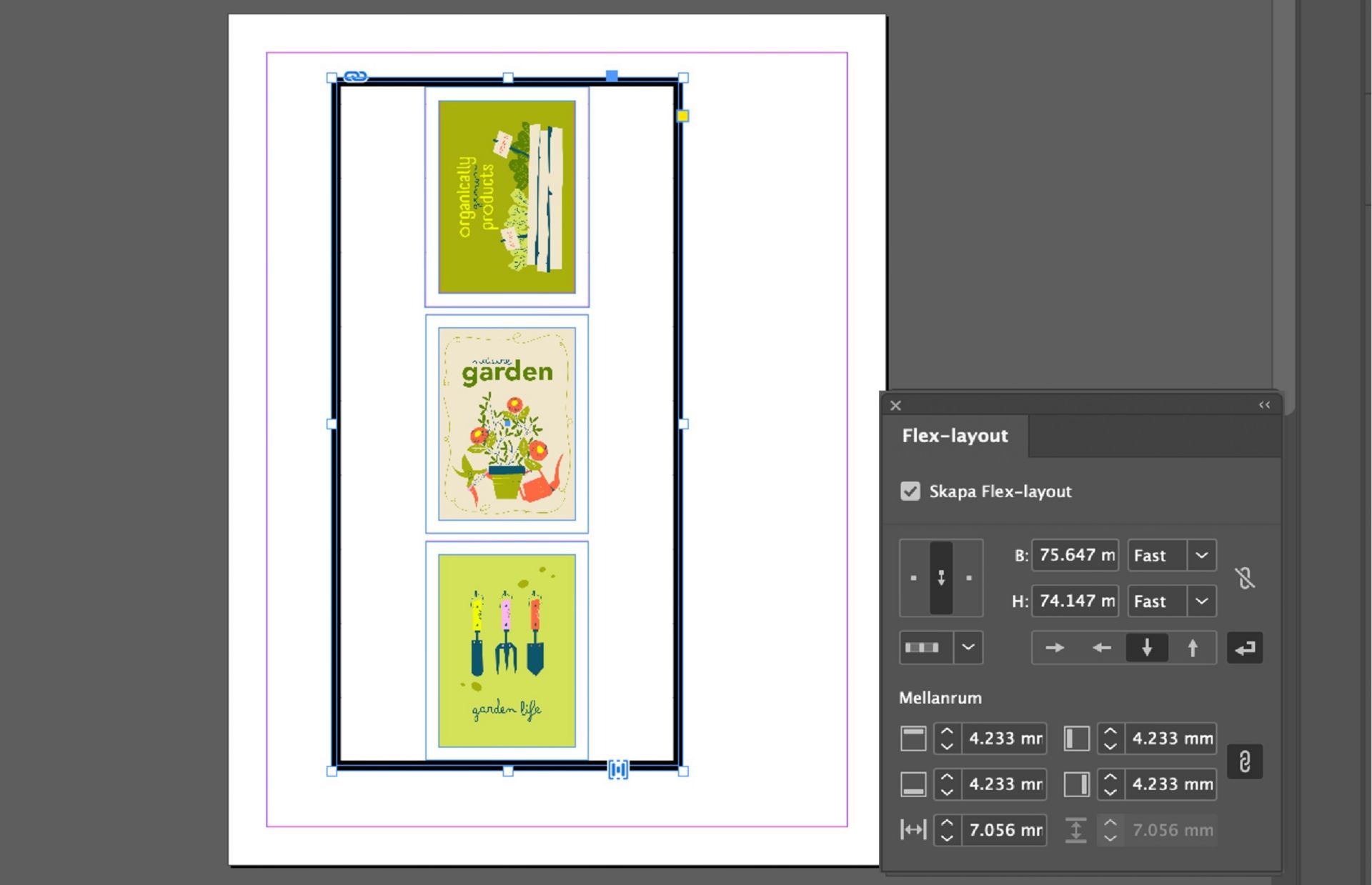 Staplade bildramar i InDesign som visar en vertikal Flex Layout med aktiverade justerings- och avståndsinställningar.