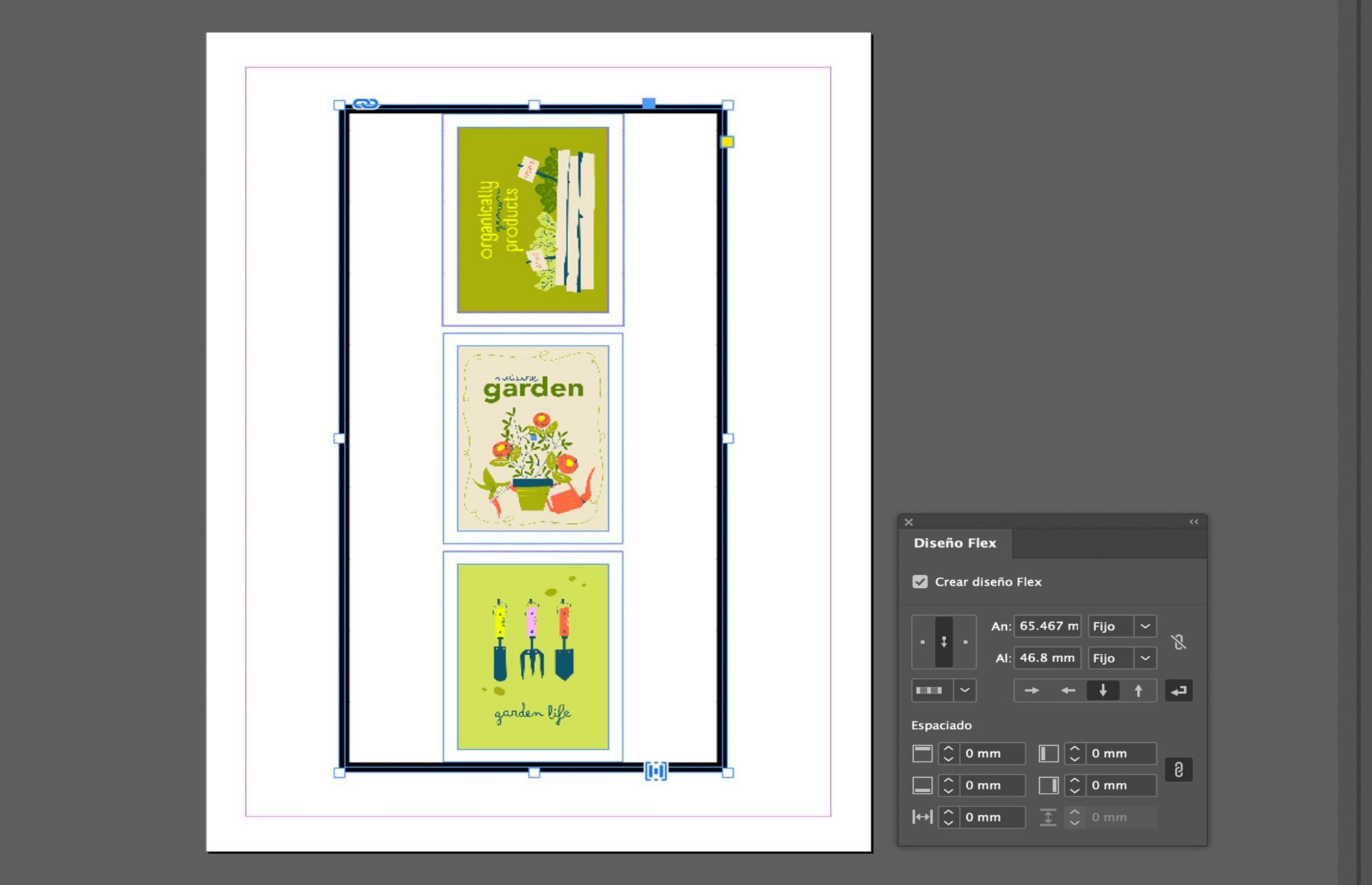 Marcos de imagen apilados en InDesign que muestran un Flex Layout vertical con opciones de alineación y espaciado habilitadas.