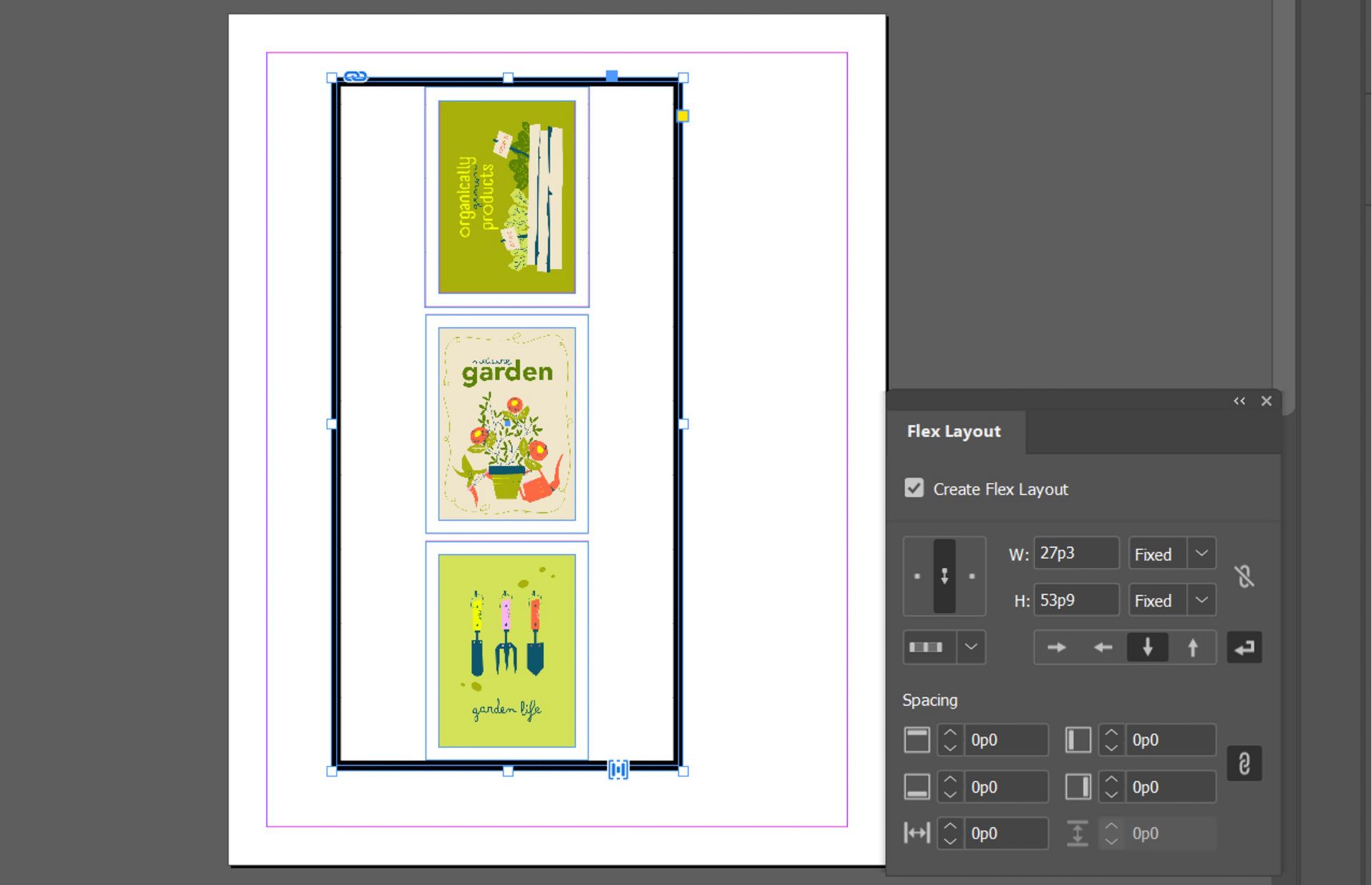إطارات الصور المكدسة في InDesign تُظهر Flex Layout عموديًا مع تمكين خيارات المحاذاة والتباعد.