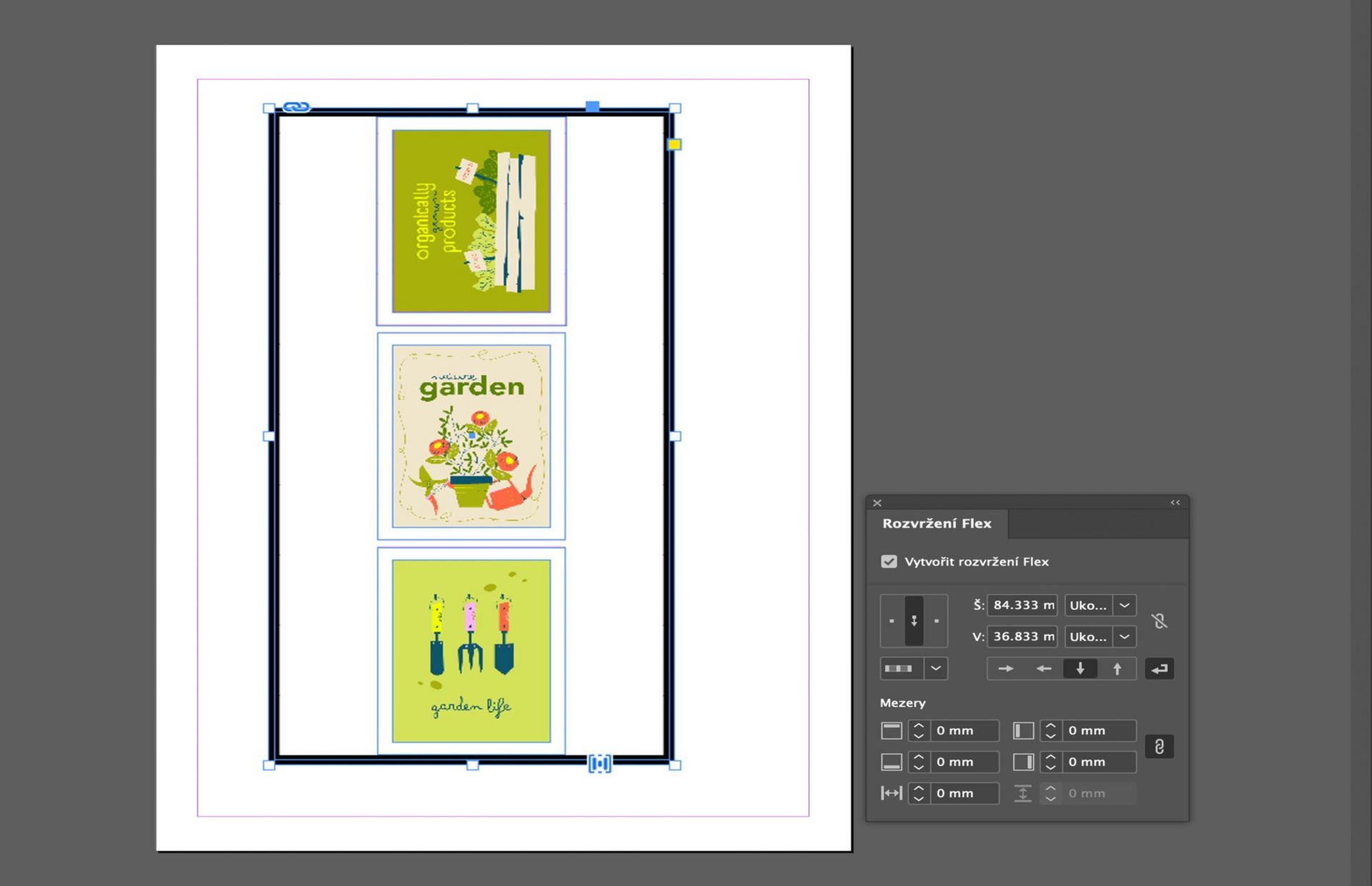 Naskládané rámečky obrázků v InDesign zobrazující vertikální rozvržení Flex s povolenými možnostmi zarovnání a rozestupů.