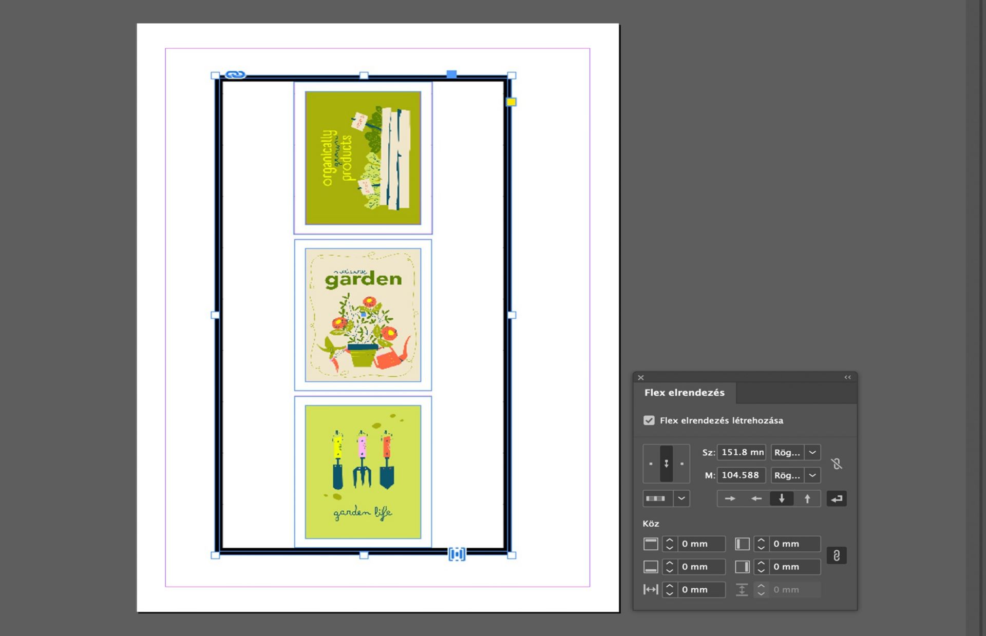 Egymásra halmozott képkeretek az InDesign programban, amelyek függőleges Flex elrendezést be engedélyezett igazítási és térköz beállításokkal.