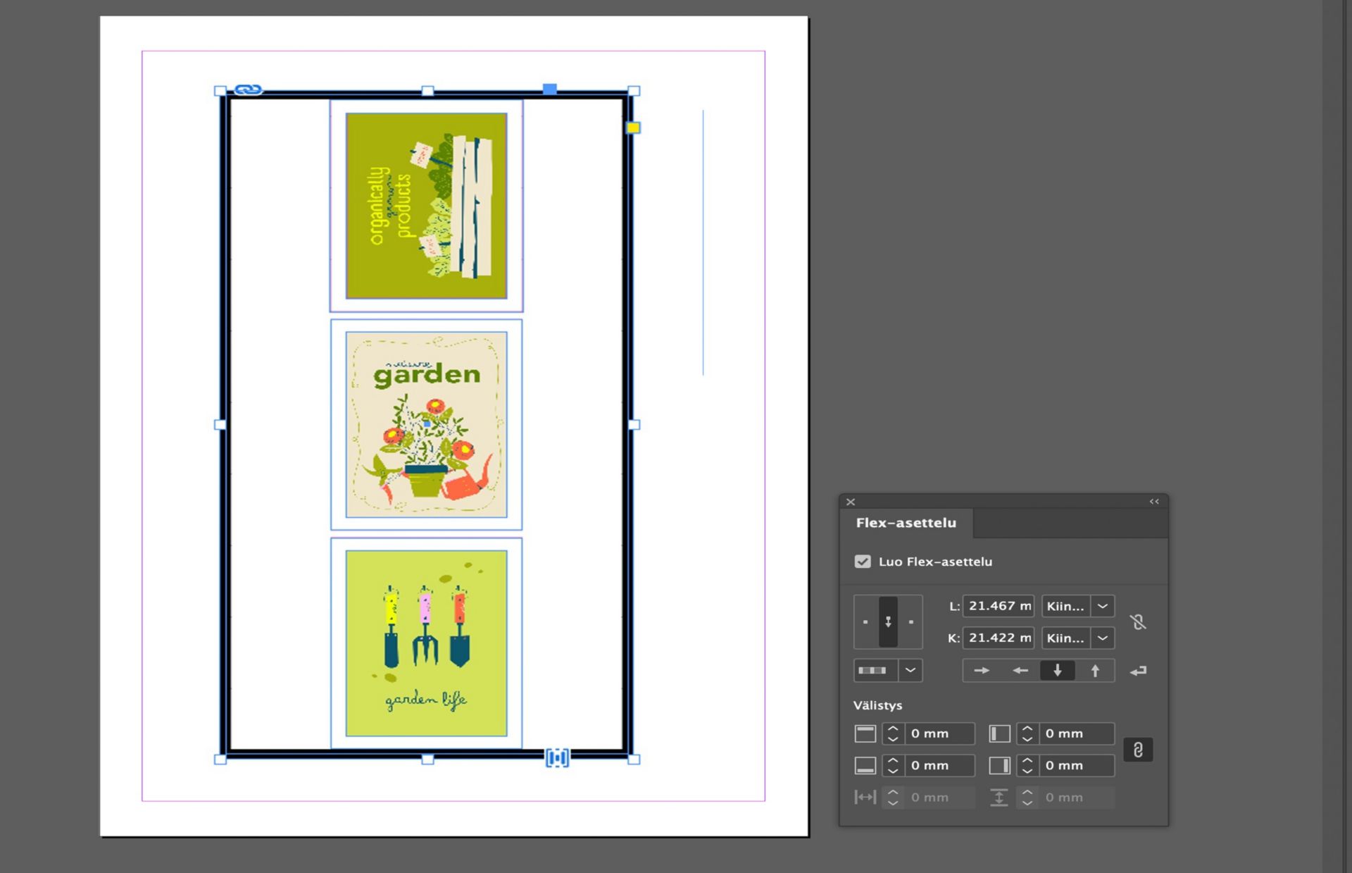 InDesignissa on pinottu kuvakehysten rakenne, jossa näkyvässä pystysuuntaisessa Flex-asettelussa on käytössä tasaus- ja välistysasetukset.