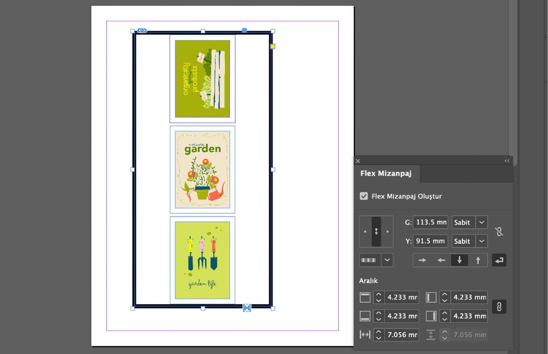 InDesign'da hizalama ve aralık seçeneklerinin etkin olduğu dikey bir Flex Mizanpajı gösteren yığınlanmış görüntü çerçeveleri.