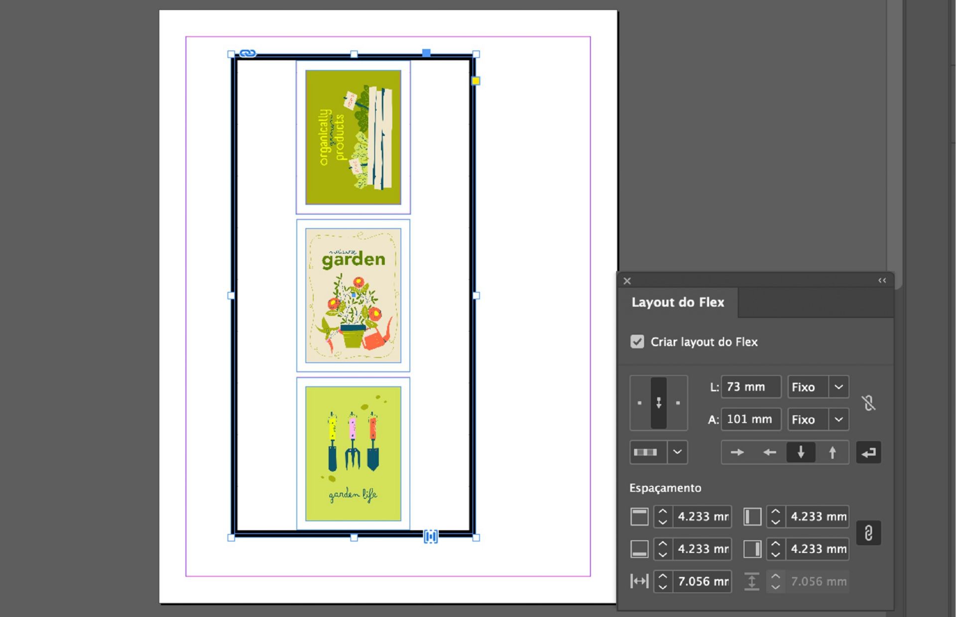 Quadros de imagem empilhados no InDesign, mostrando um Layout Flex vertical com opções de alinhamento e espaçamento ativadas.