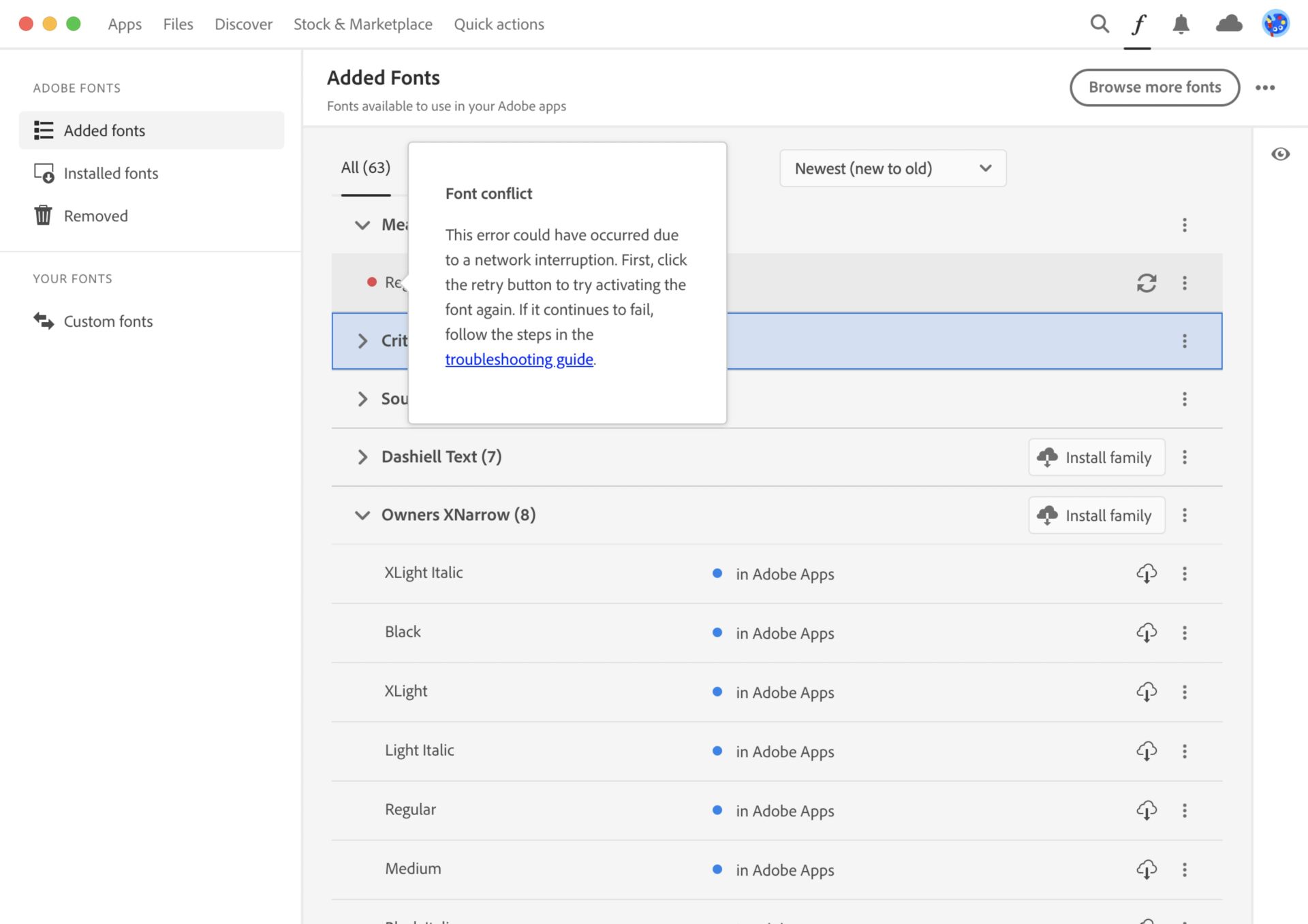 a dialogue box shows network error as fonts added are not showing in creative cloud desktop due to network error
