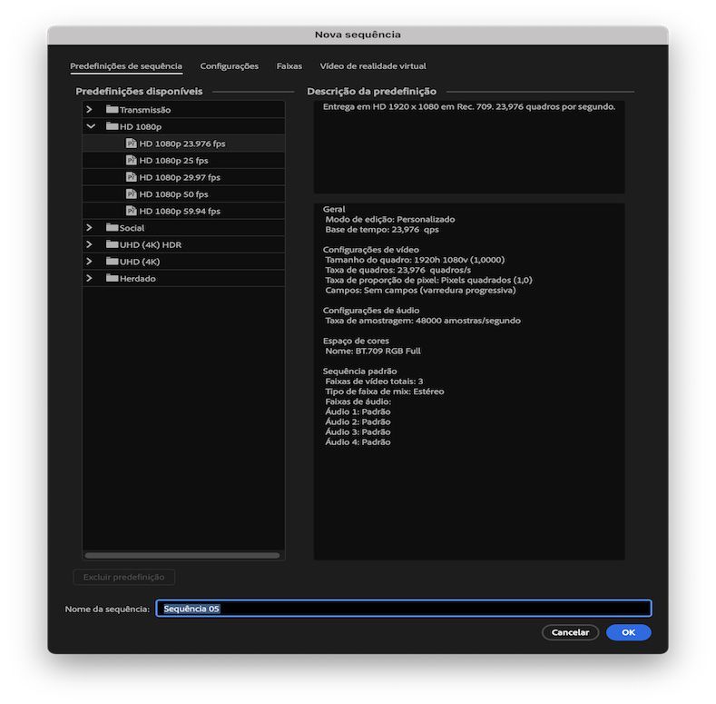 A interface mostra a caixa de diálogo Nova sequência aberta. 