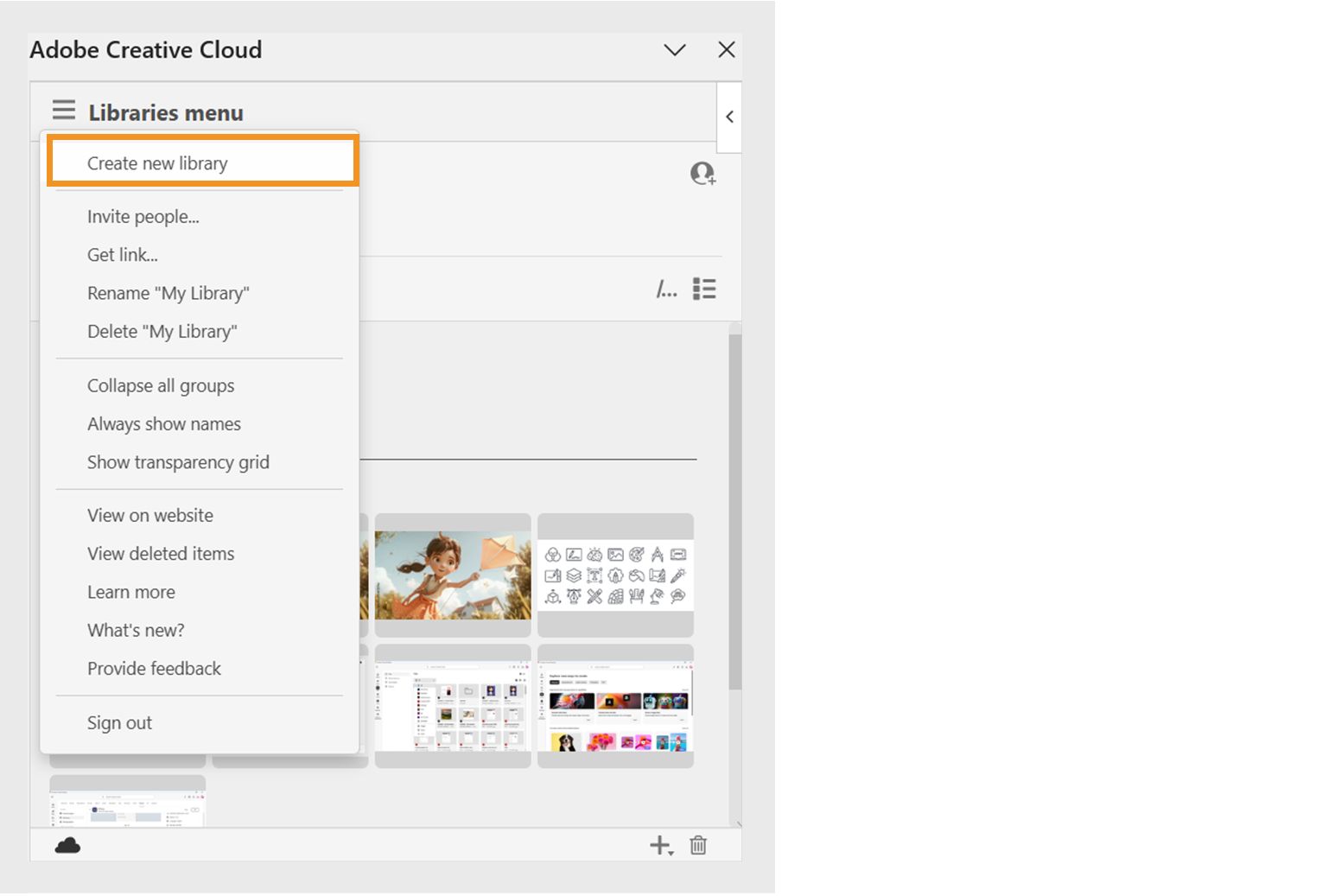Selecteer het menupictogram in het rechterdeelvenster en gebruik het vervolgkeuzemenu om de eerste optie, Nieuwe bibliotheek maken, te selecteren.