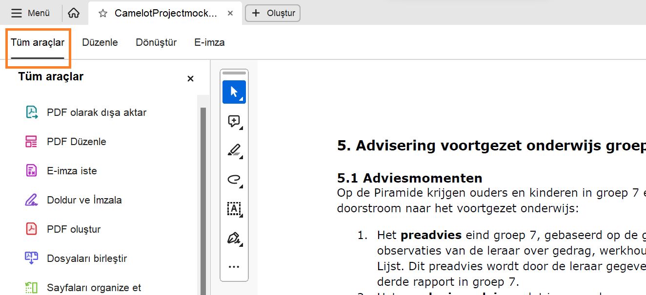 Tüm araçlar paneli