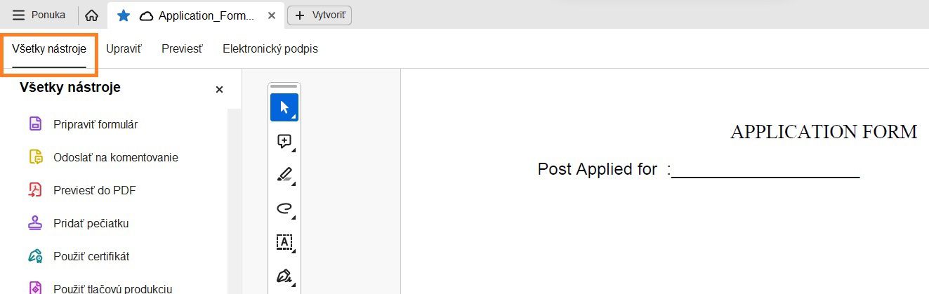 Panel so všetkými nástrojmi
