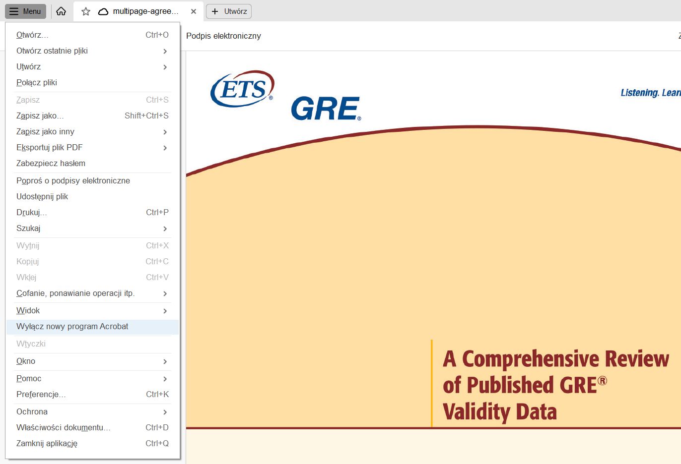 Wyłączanie nowej wersji programu Acrobat
