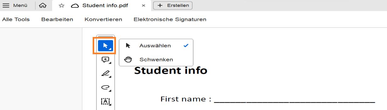 Werkzeug zum Auswählen oder Schwenken
