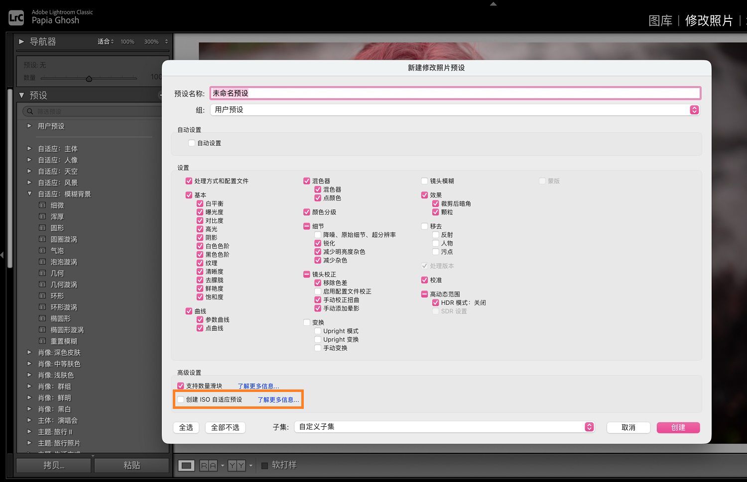 “新建修改照片预设”对话框中的“创建 ISO 自适应预设”选项已高亮显示。