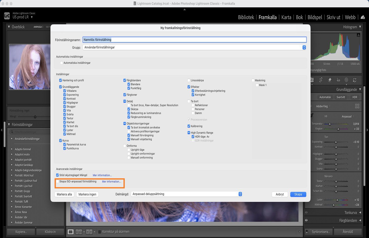Skapa ISO-anpassad förinställning är markerat över dialogrutan Nya framkallningsförinställningar.