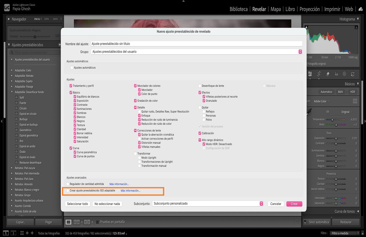 Crear ajuste preestablecido adaptativo ISO está resaltado en el cuadro de diálogo Nuevos ajustes preestablecidos de revelado.