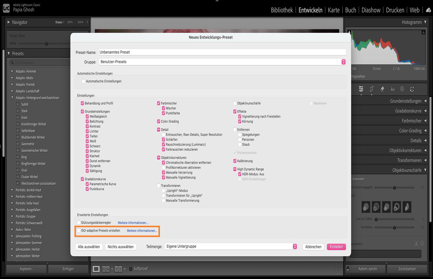 Die Option „Erstellen eines adaptiven ISO-Presets“ im Dialogfeld „Neue Entwicklungs-Preset“ ist hervorgehoben.