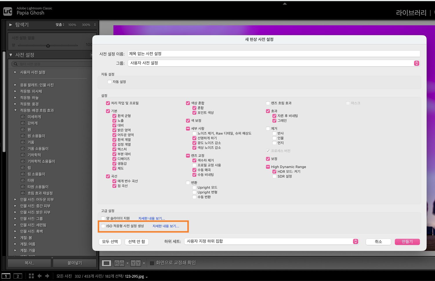 새로운 현상 프리셋 대화 상자 위에서 ISO 적응형 프리셋 만들기가 강조 표시되어 있습니다.