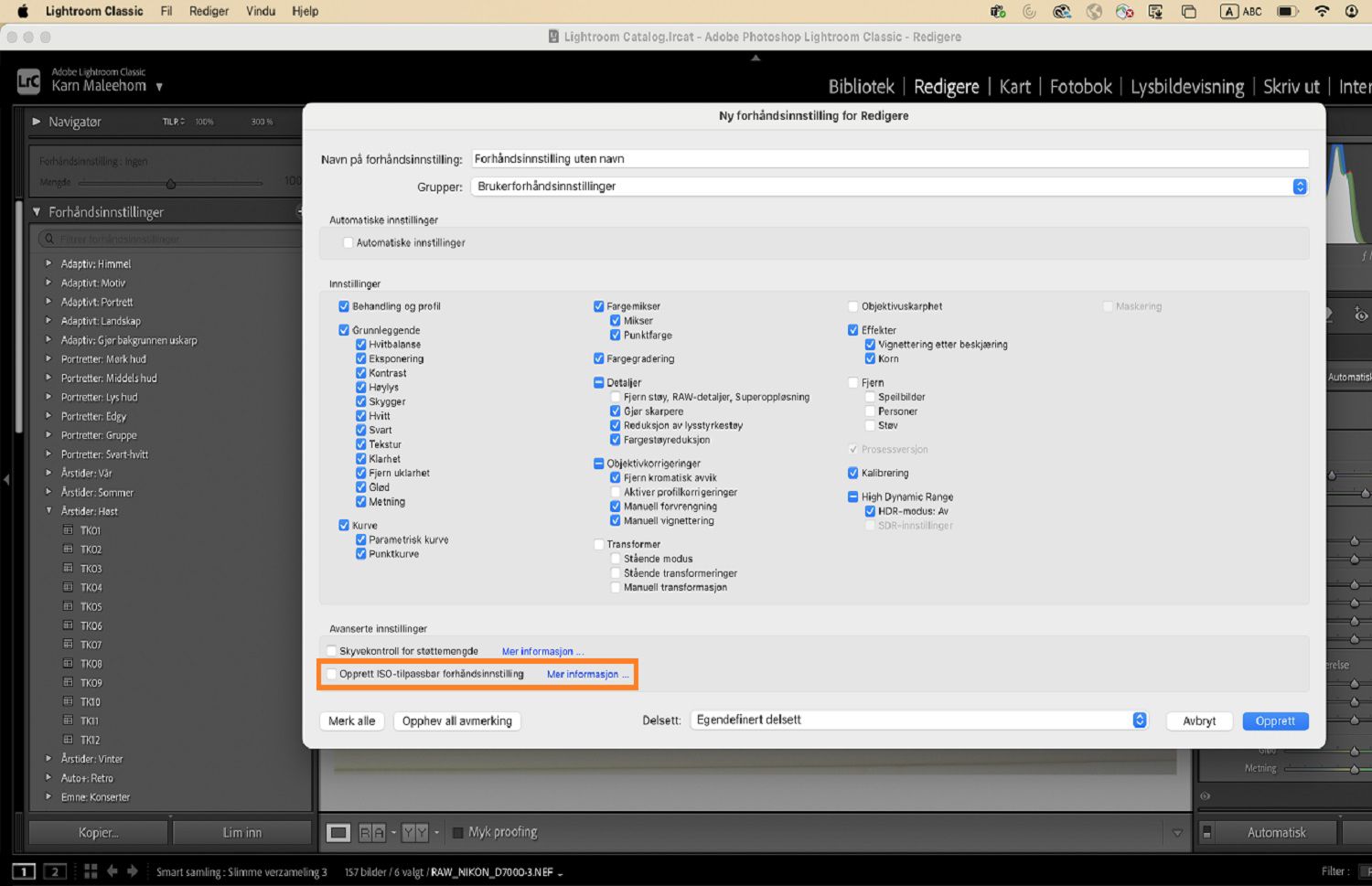 Opprett ISO-adaptiv forhåndsinnstilling er uthevet over dialogboksen Ny Redigere-forhåndsinnstilling.