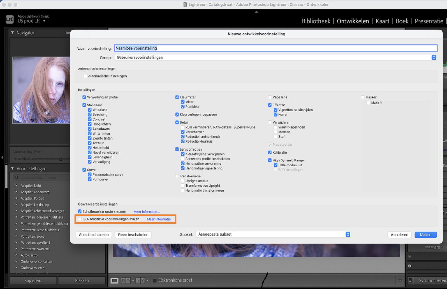ISO-adaptieve voorinstelling maken is gemarkeerd boven het dialoogvenster Nieuwe ontwikkelvoorinstellingen.