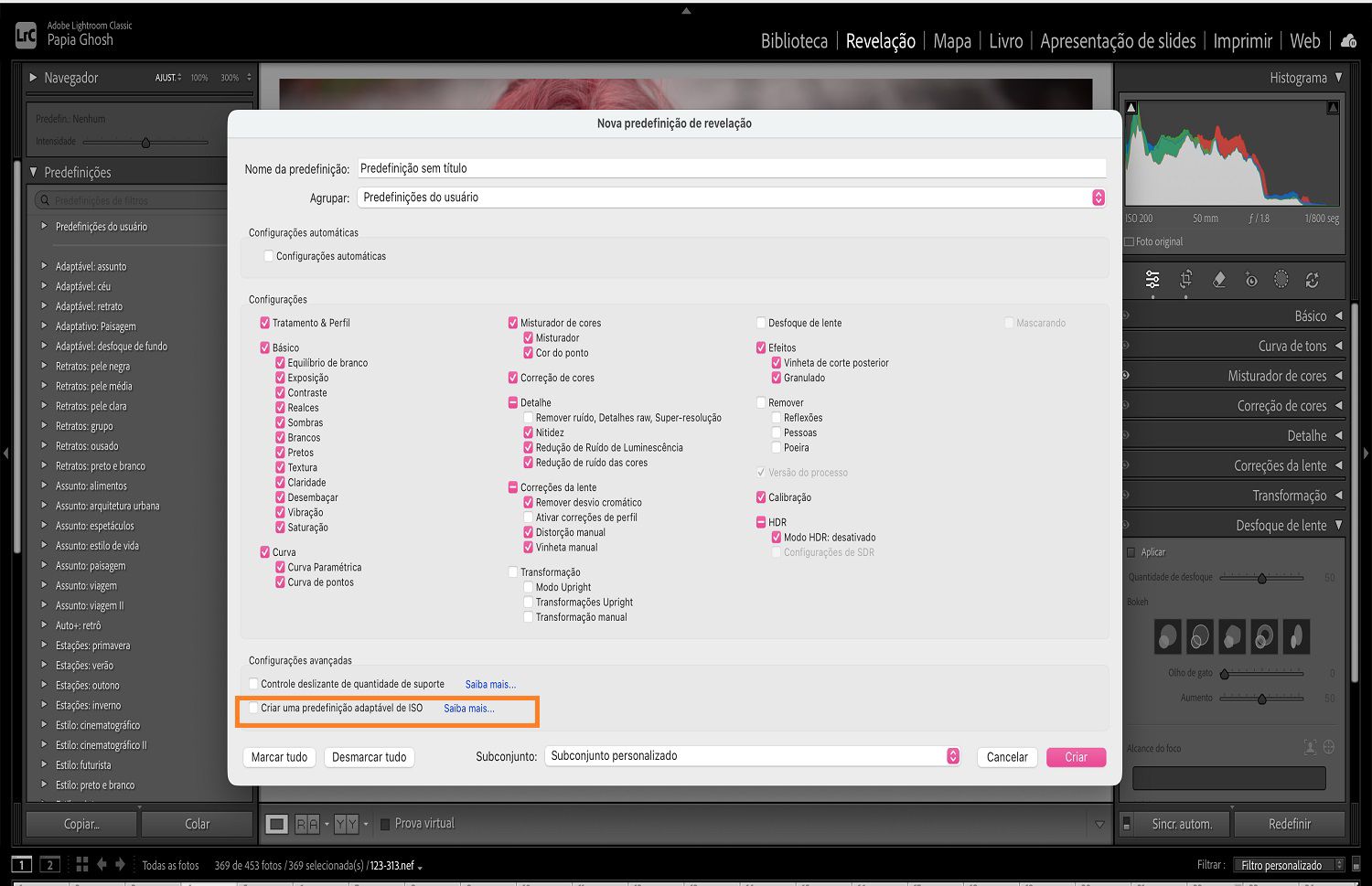 Criar predefinição adaptativa ISO está destacado sobre a caixa de diálogo Novas predefinições de revelação.