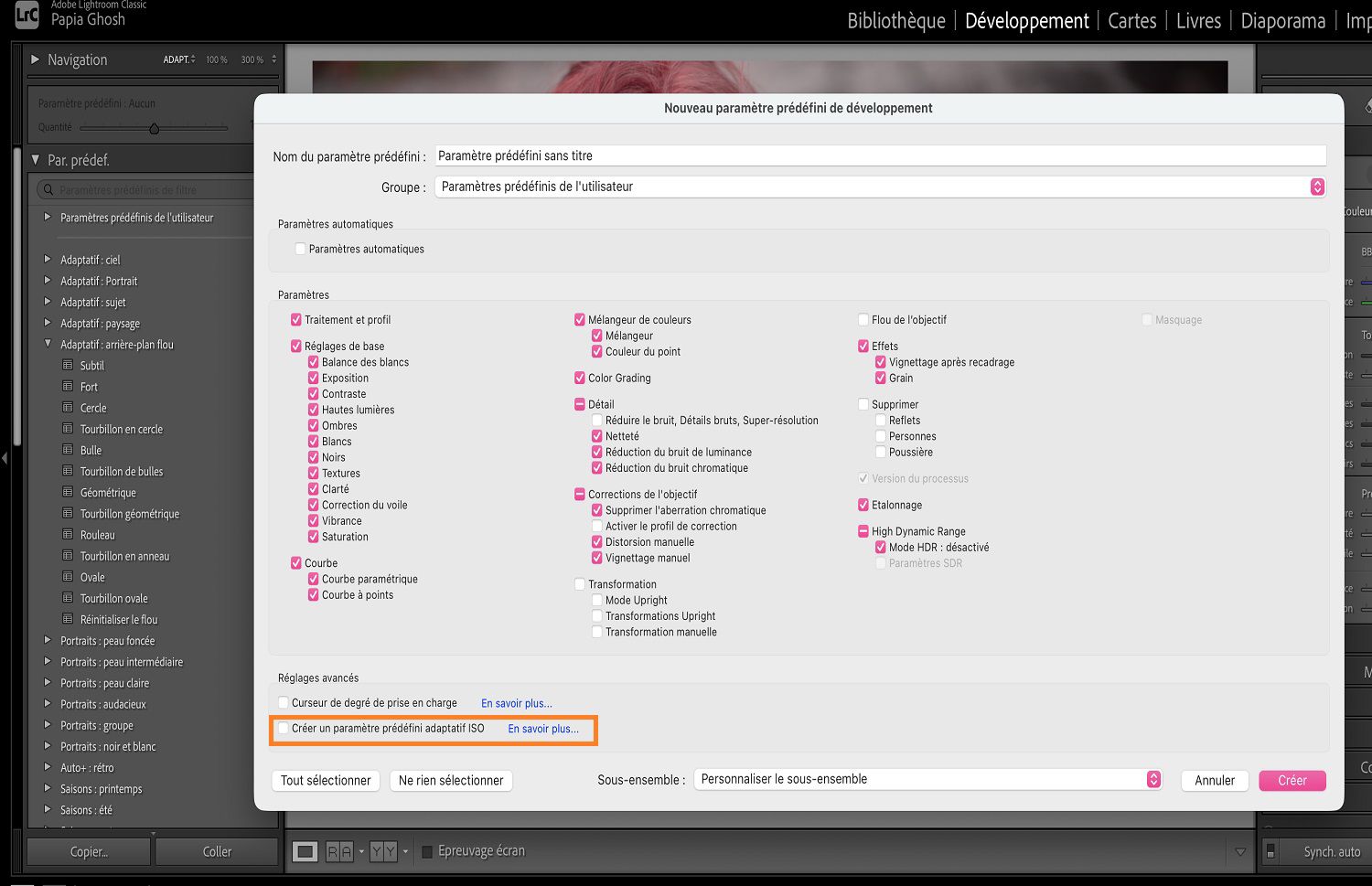 Créer un paramètre prédéfini ISO est mis en surbrillance sur la boîte de dialogue Nouveaux paramètres prédéfinis de développement.