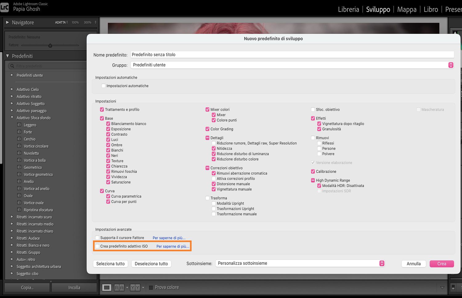 L'opzione Crea predefinito adattivo ISO è evidenziata sopra la finestra di dialogo Nuovi predefiniti di sviluppo.