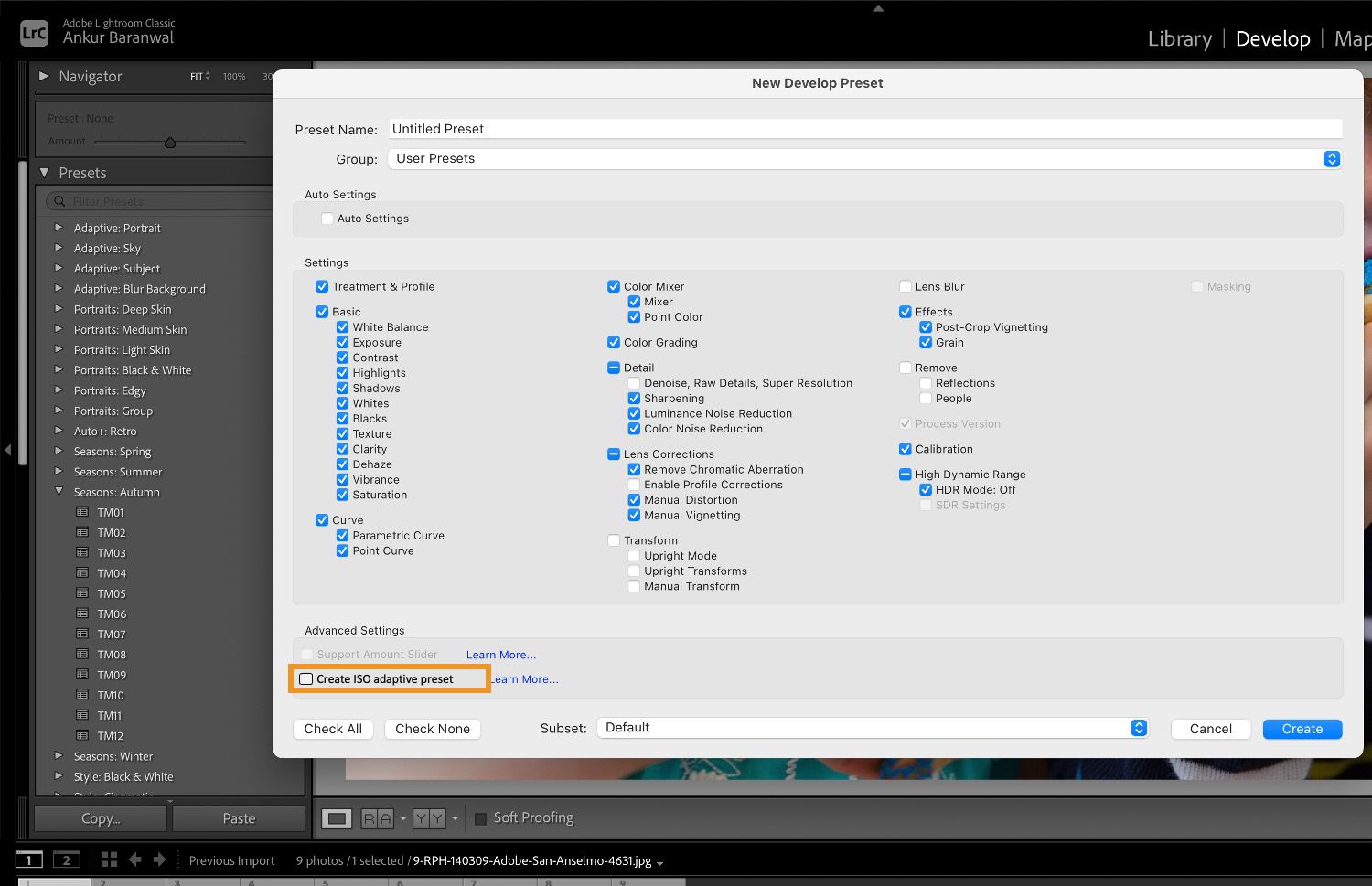 Create ISO adaptive preset is highlighted over New Develop presets dialog box.