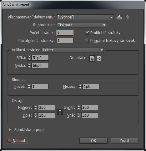 Dialogové okno Nový dokument