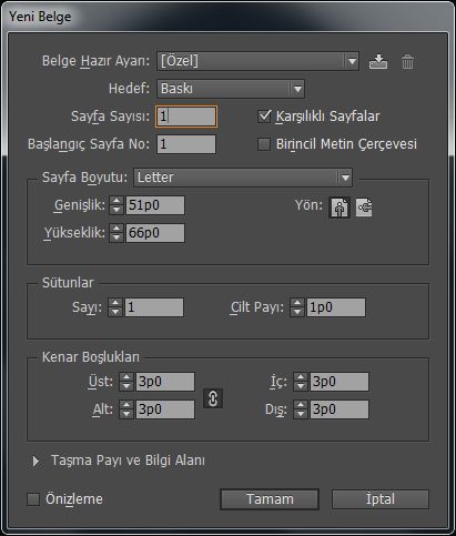 Yeni belge iletişim kutusu