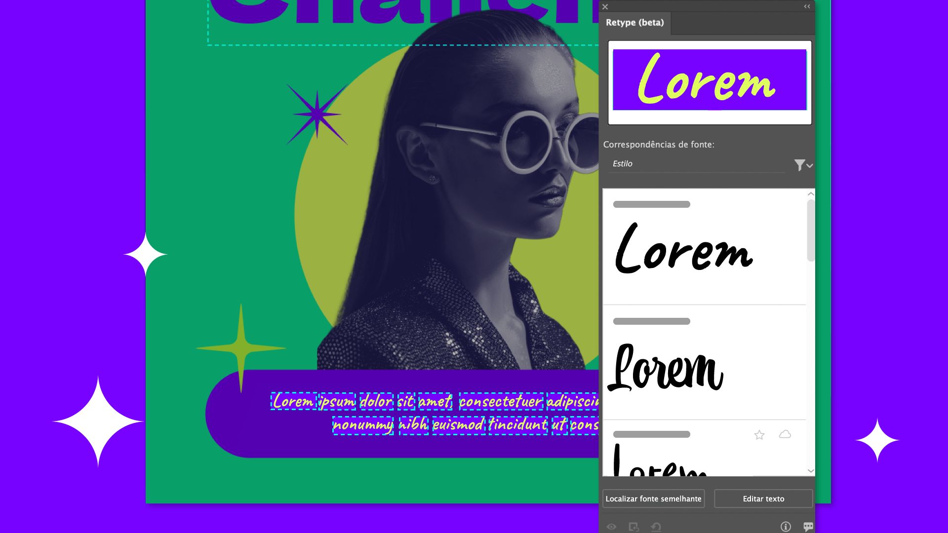 Painel Retype com uma lista de fontes correspondentes.