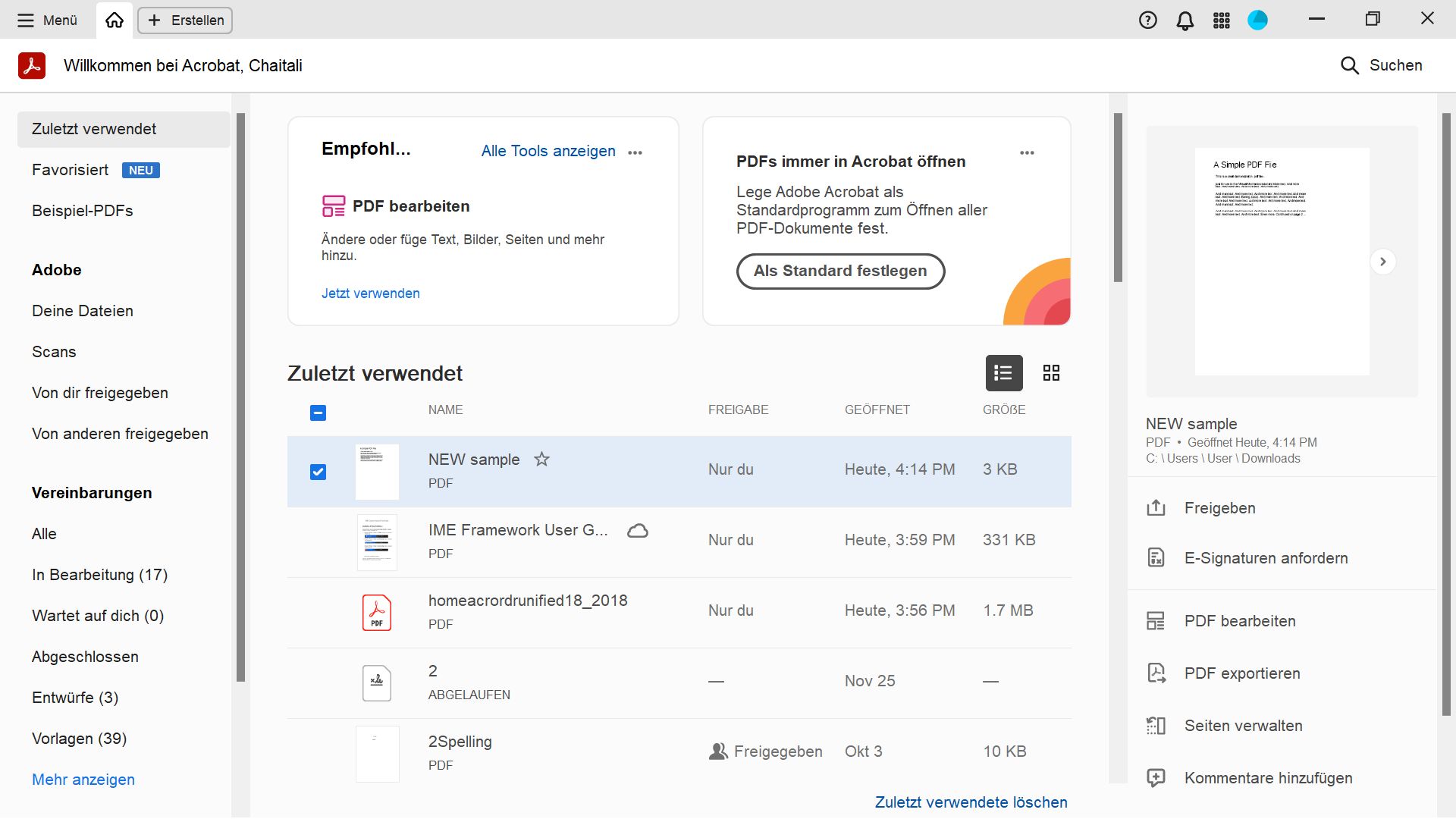 Verbesserungen der Acrobat-Startseite