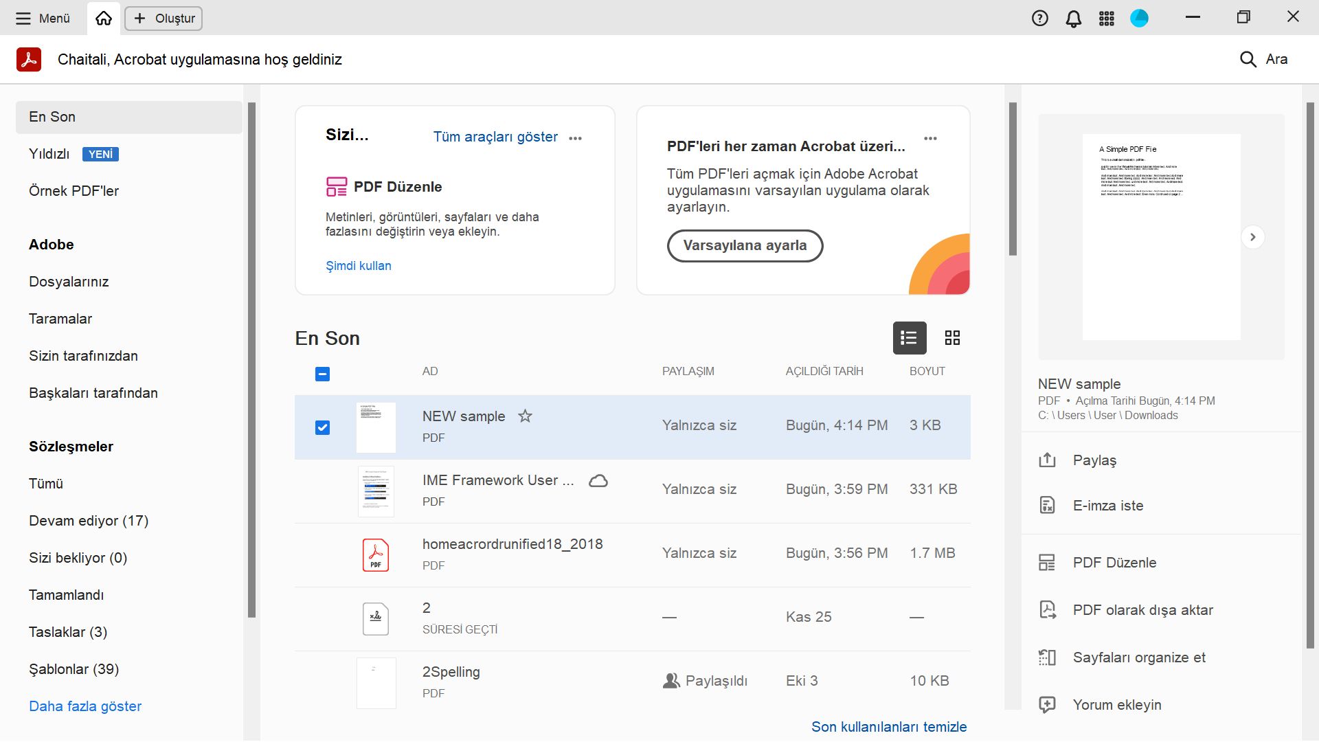 Acrobat Ana Sayfa'daki geliştirmeler