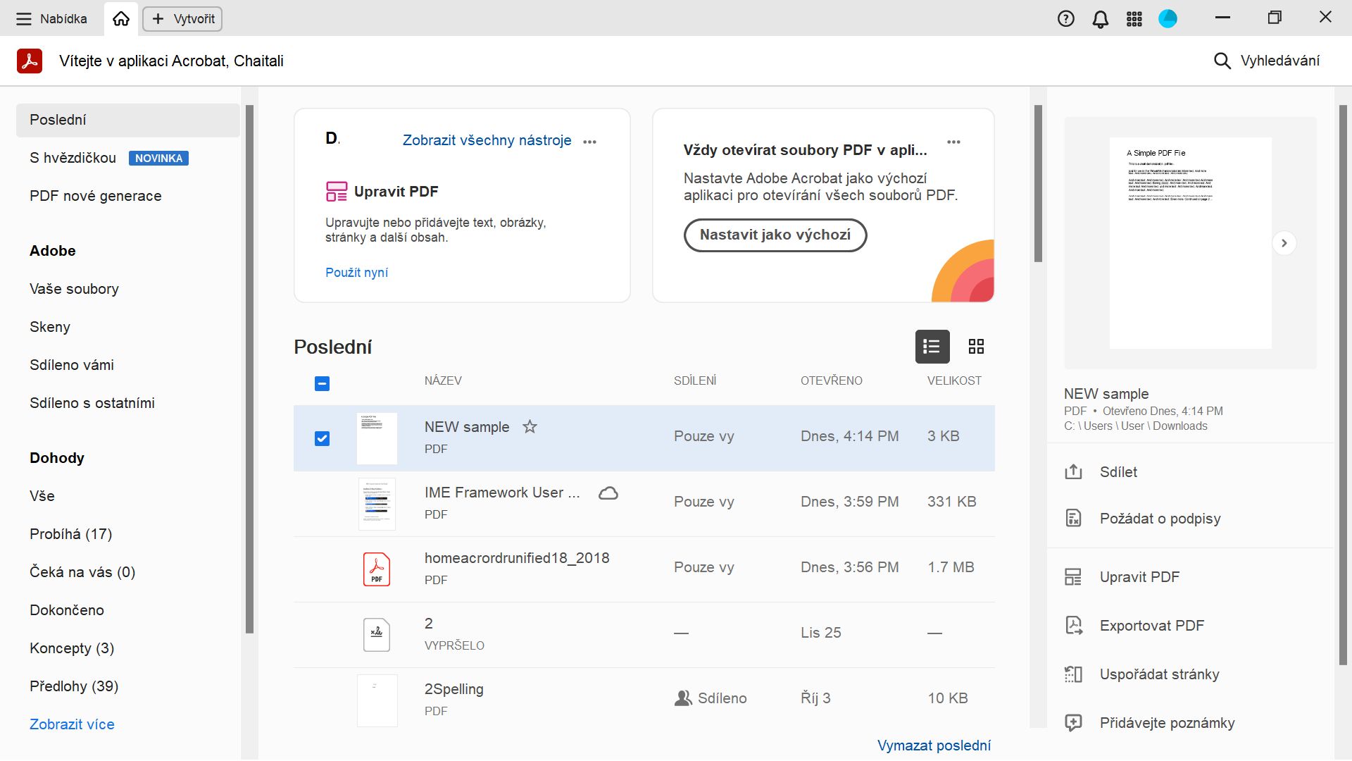 Vylepšení na domovské stránce aplikace Acrobat