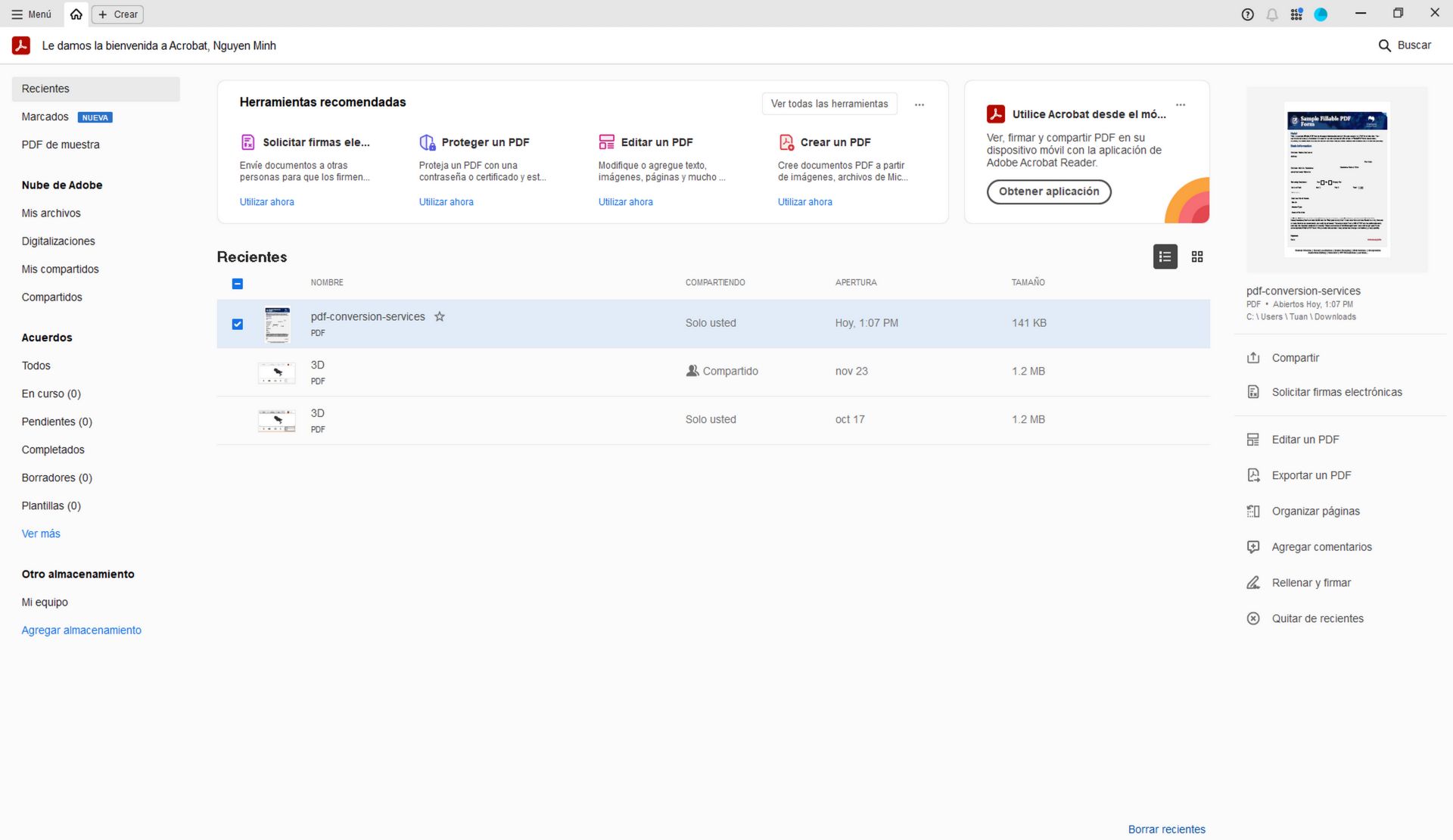 Mejoras en la página de inicio de Acrobat